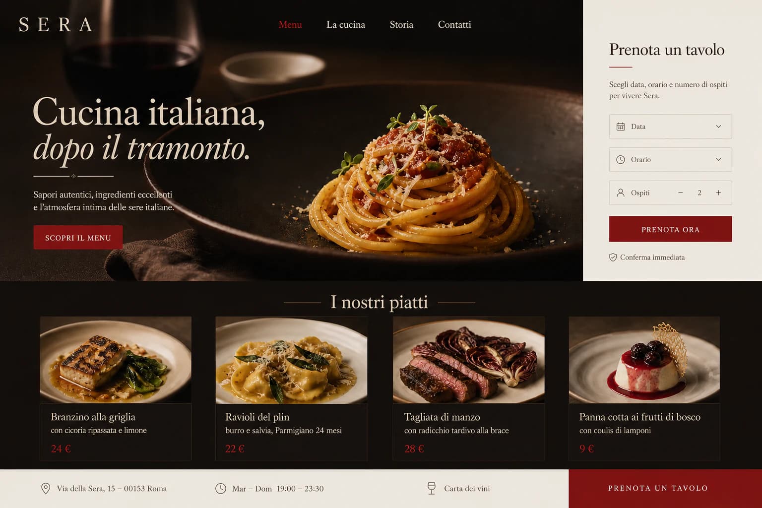 Concept di sito per un ristorante italiano moderno